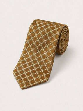 Ermenegildo Zegna Silk Necktie Gold Geometric Grid Luxury Designer Tie Classic
